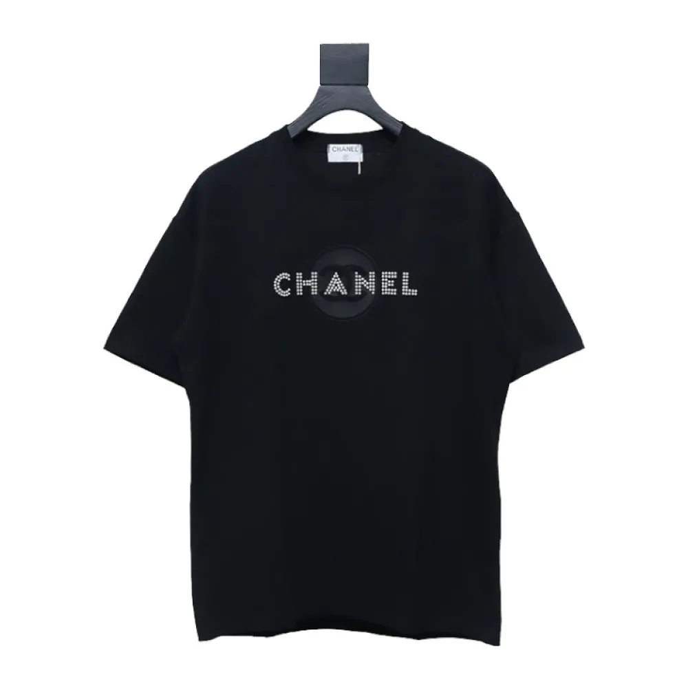 Chanel Pearl Circle Letter Short Sleeve T-shirt Black