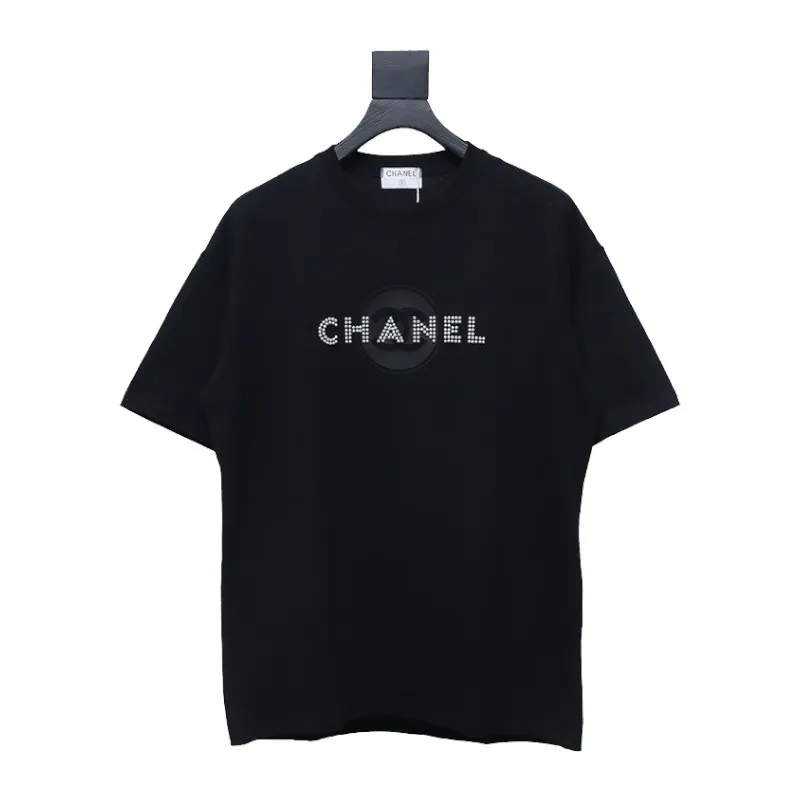 Chanel Pearl Circle Letter Short Sleeve T-shirt Black