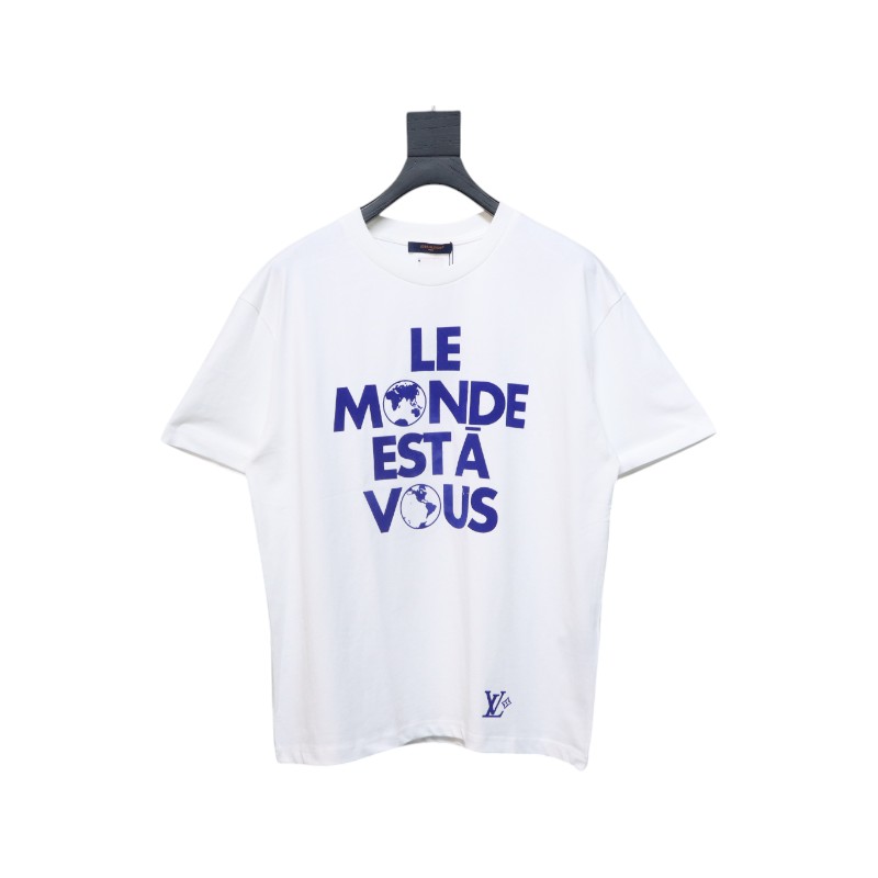 Louis Vuitton 25ss blue flocked slogan print short sleeves