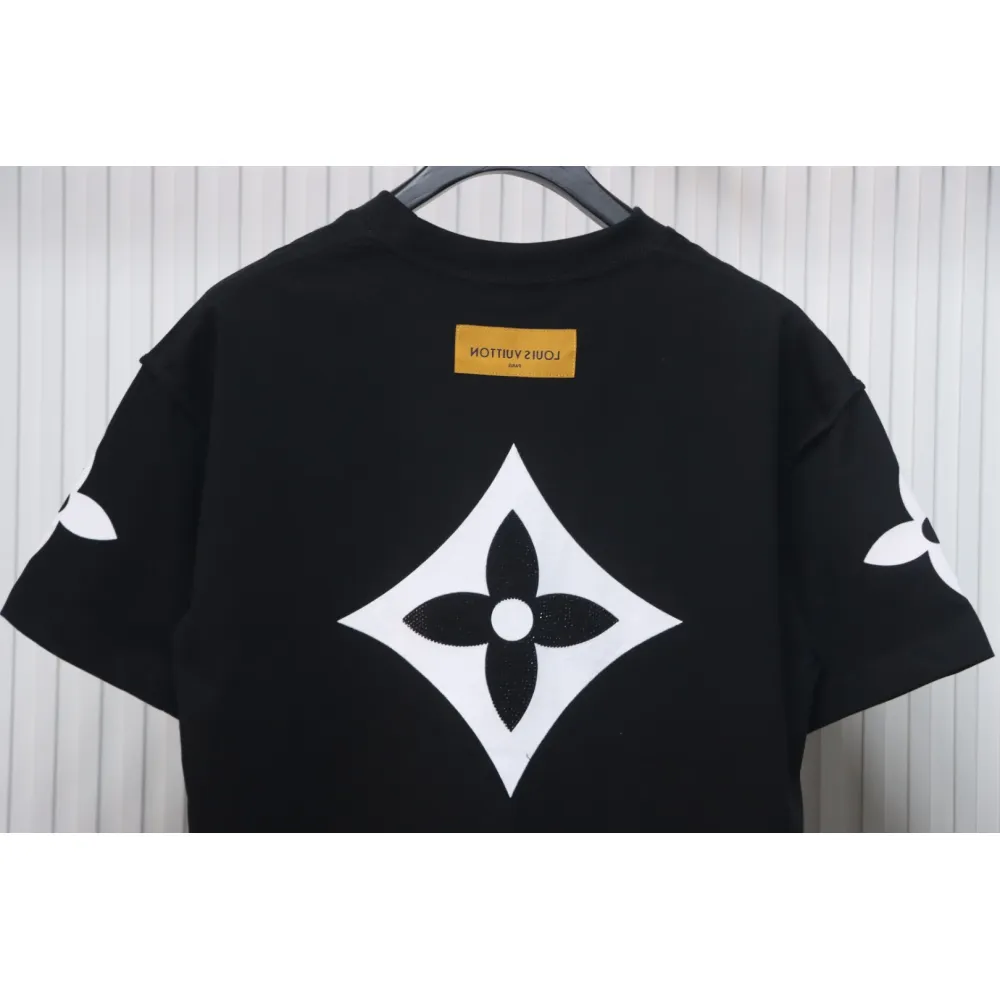 Louis Vuitton 25ss four-leaf clover hot diamond logo flocked short-sleeved T-shirt black