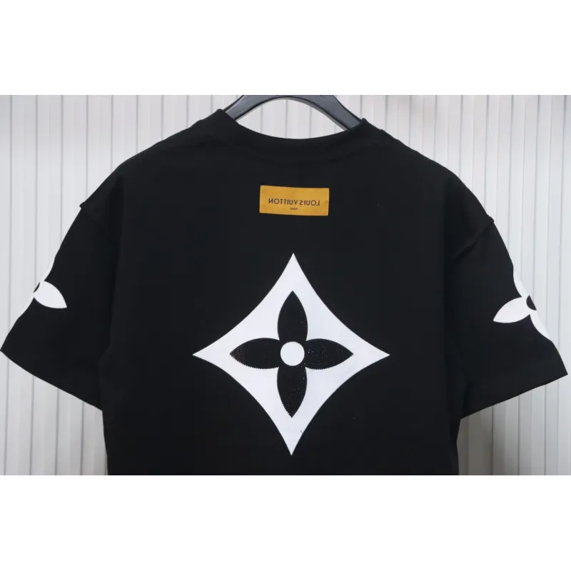 Louis Vuitton 25ss four-leaf clover hot diamond logo flocked short-sleeved T-shirt black
