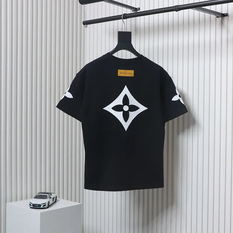Louis Vuitton 25ss four-leaf clover hot diamond logo flocked short-sleeved T-shirt black