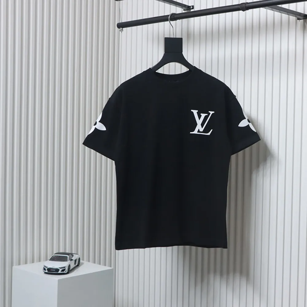 Louis Vuitton 25ss four-leaf clover hot diamond logo flocked short-sleeved T-shirt black