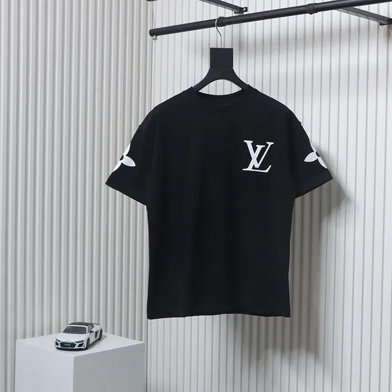 Louis Vuitton 25ss four-leaf clover hot diamond logo flocked short-sleeved T-shirt black