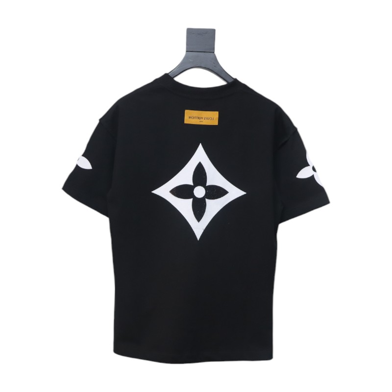 Louis Vuitton 25ss four-leaf clover hot diamond logo flocked short-sleeved T-shirt black