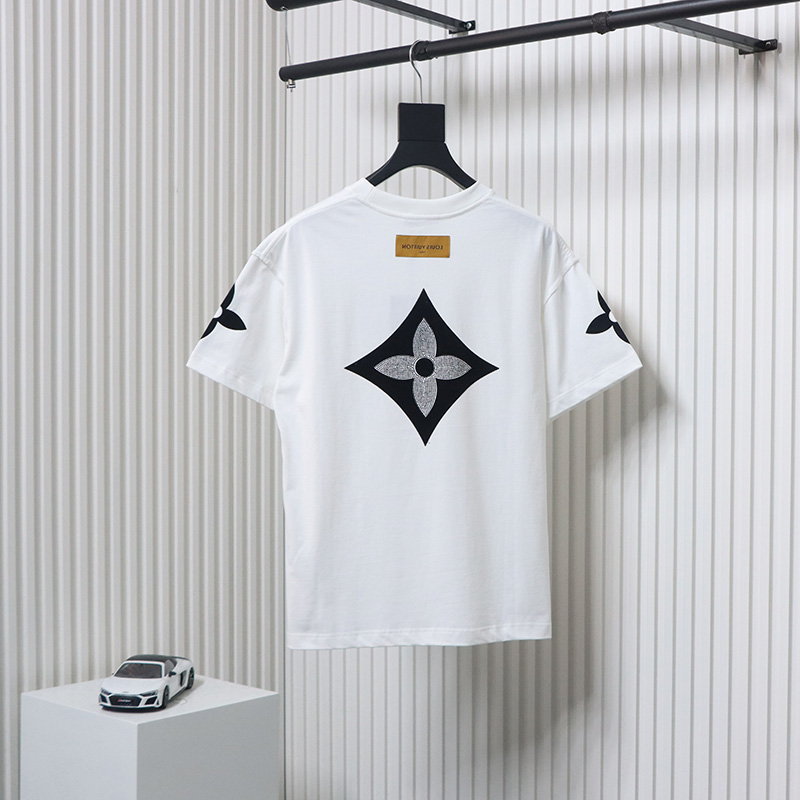 Louis Vuitton 25ss four-leaf clover hot diamond logo flocked short-sleeved T-shirt white