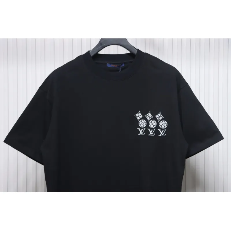 Louis Vuitton 25ss three flower embroidered lettering short-sleeved T-shirt black