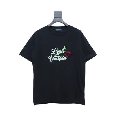 Louis Vuitton Colorful Gradient Logo Toothbrush Embroidered Short Sleeve T-shirt Black 01