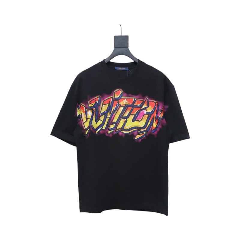 Louis Vuitton Comic Cartoon Flame Letters Printed Short Sleeve Black