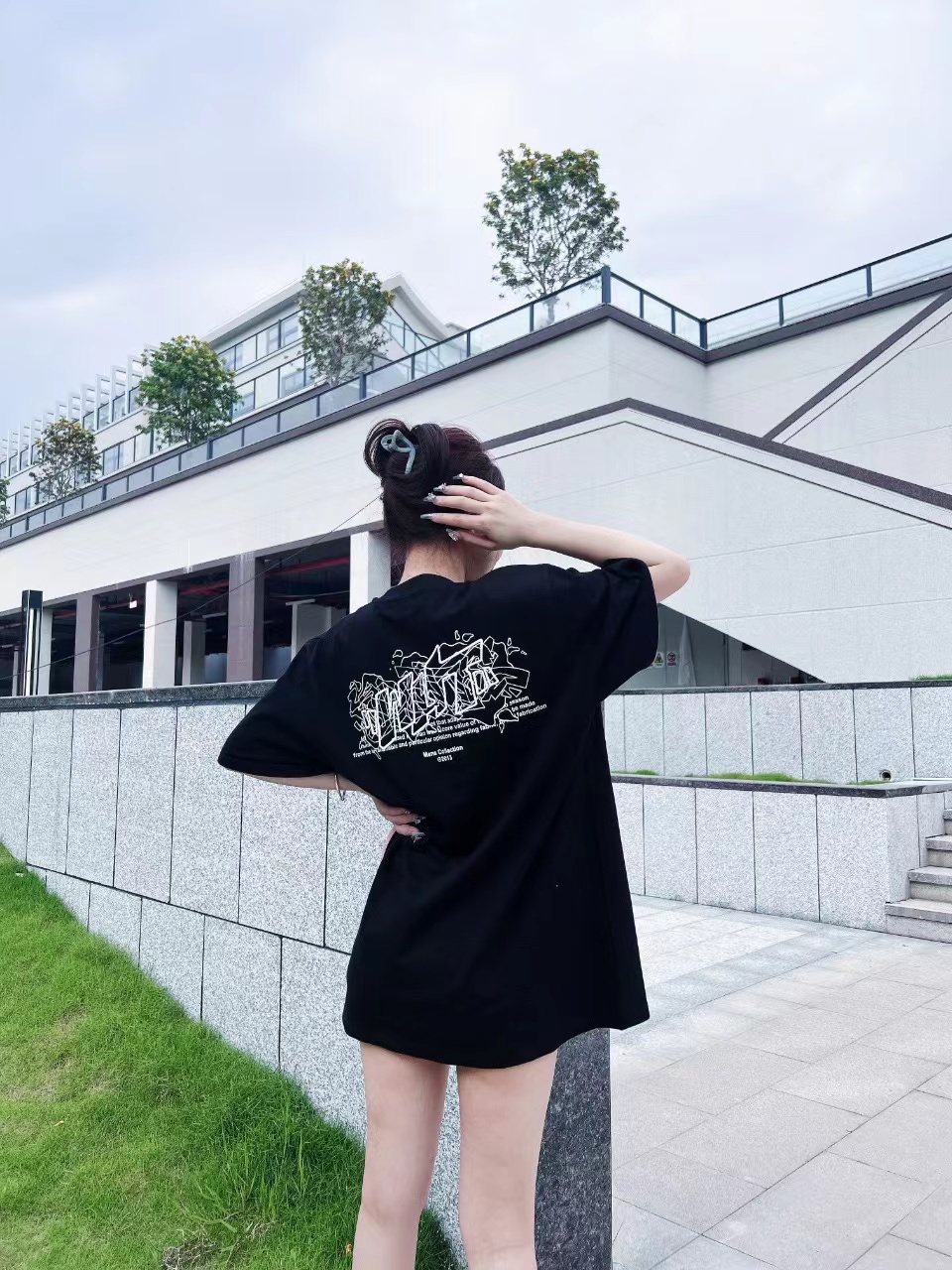 OW embroidered flocking print short sleeves (special offer) black