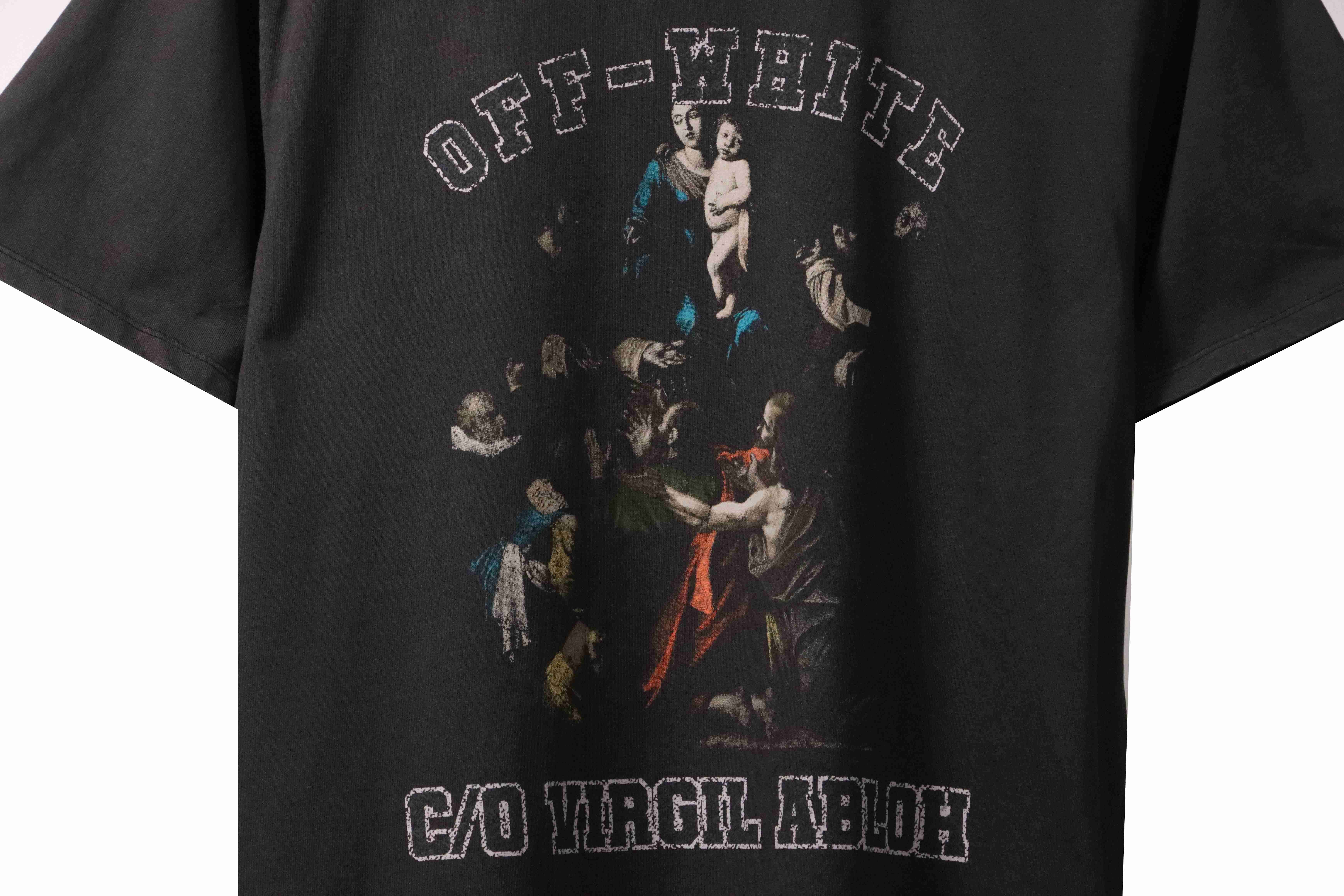 OW washed short-sleeved shirt with hymn and Madonna print on chest