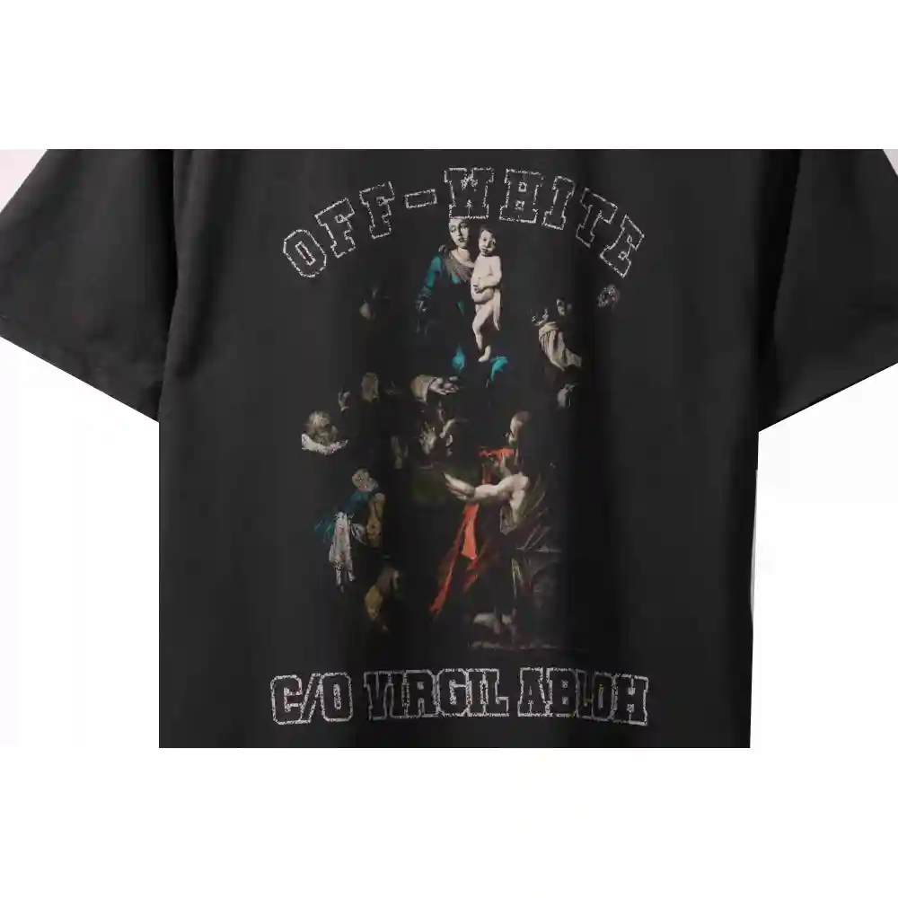 OW washed short-sleeved shirt with hymn and Madonna print on chest