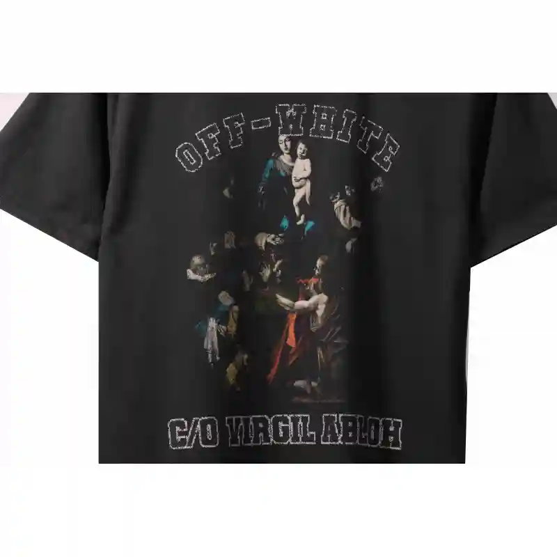 OW washed short-sleeved shirt with hymn and Madonna print on chest