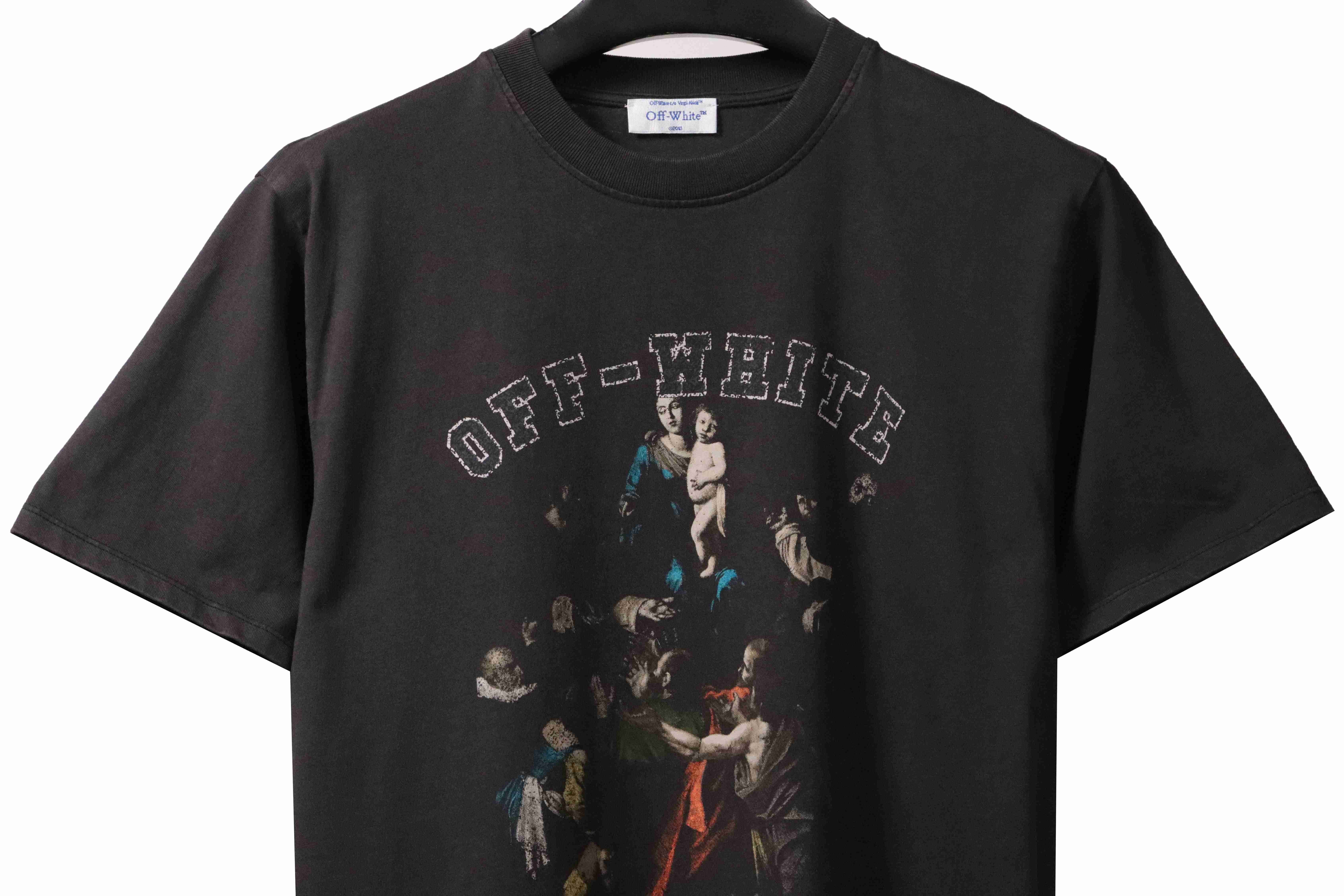 OW washed short-sleeved shirt with hymn and Madonna print on chest