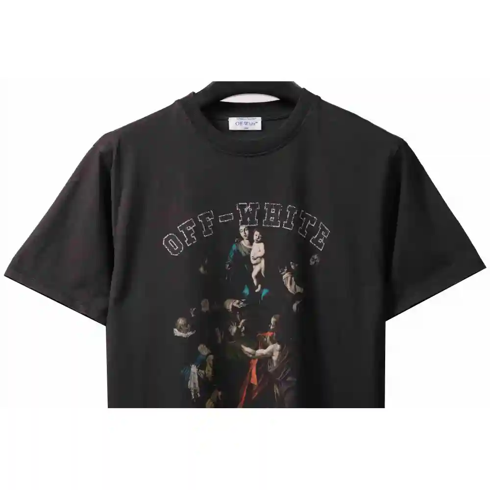 OW washed short-sleeved shirt with hymn and Madonna print on chest