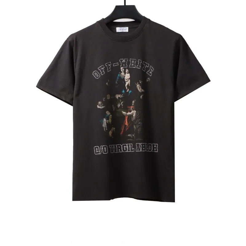 OW washed short-sleeved shirt with hymn and Madonna print on chest