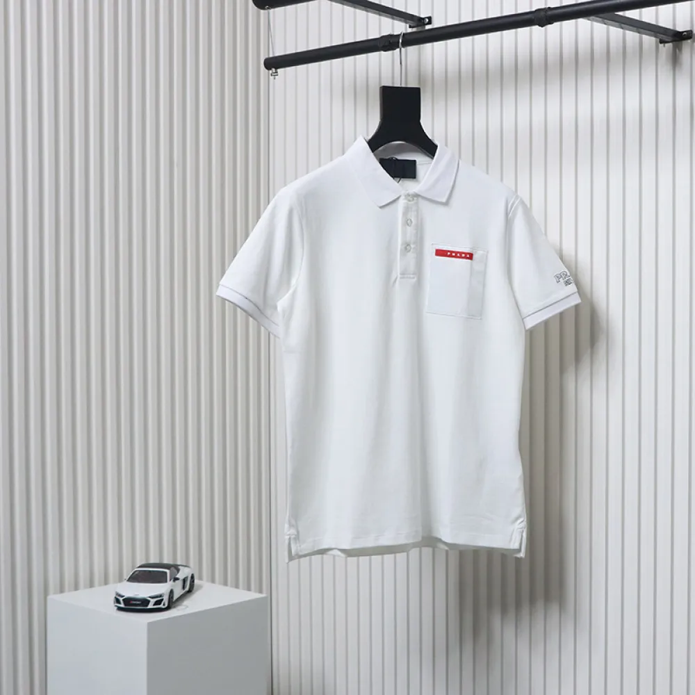 Prada 24ss fake pocket silicone trim Polo short sleeve white