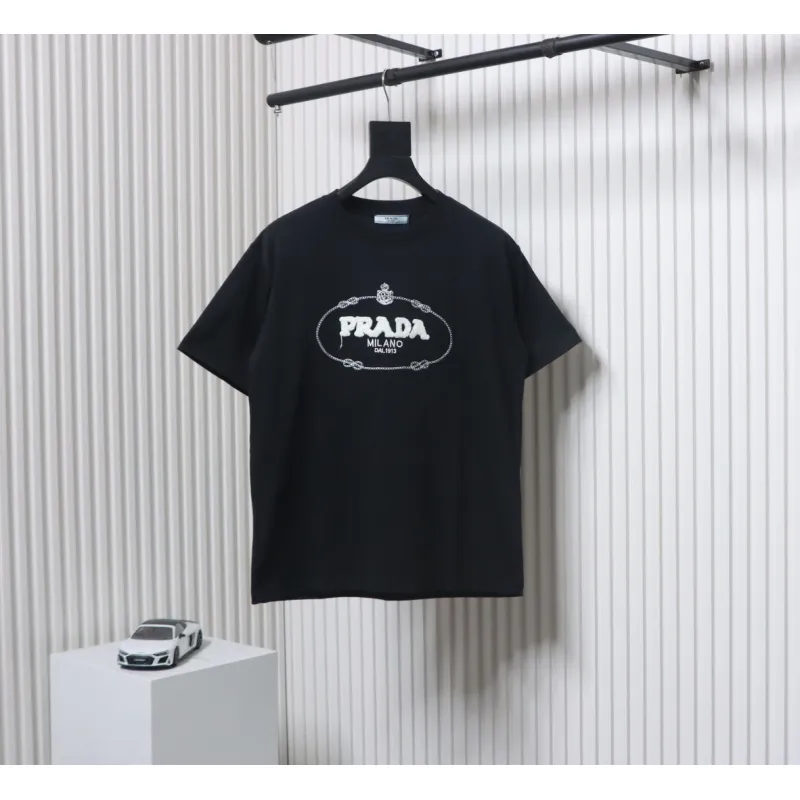 Prada 24ss towel embroidery lettering logo short sleeve T-shirt black