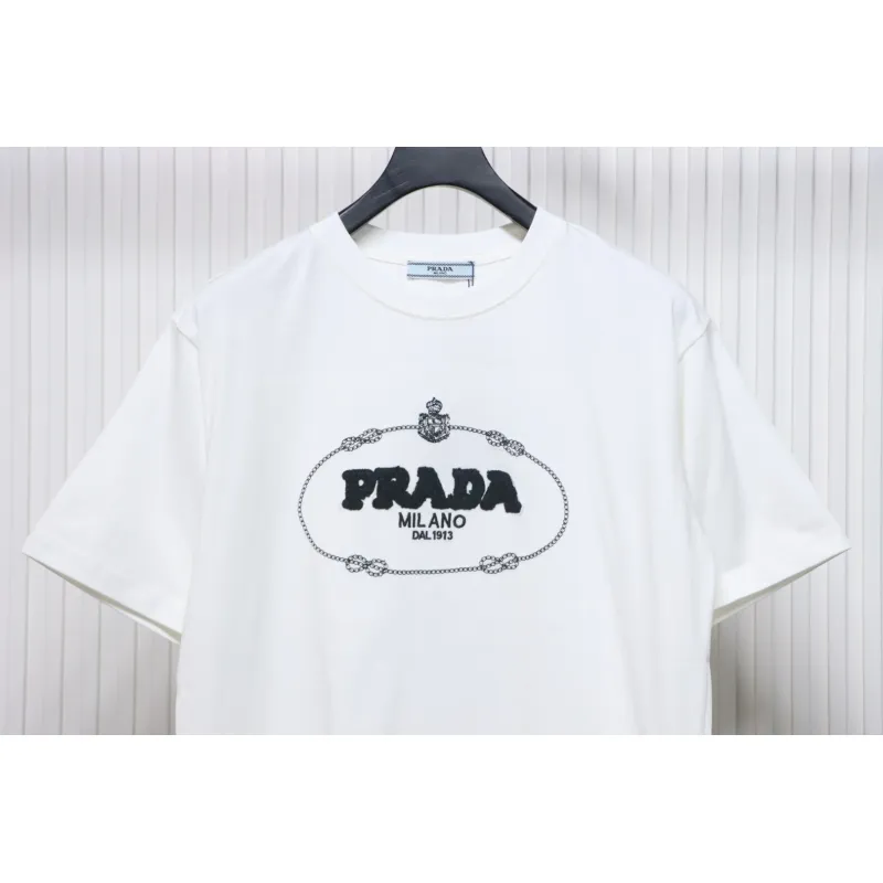 Prada 24ss towel embroidery lettering logo short sleeve T-shirt White