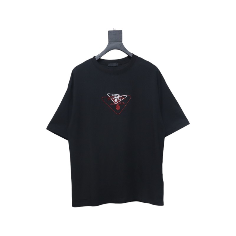 Prada 25ss Overlapping Embroidered Triangle Logo Short Sleeve Black