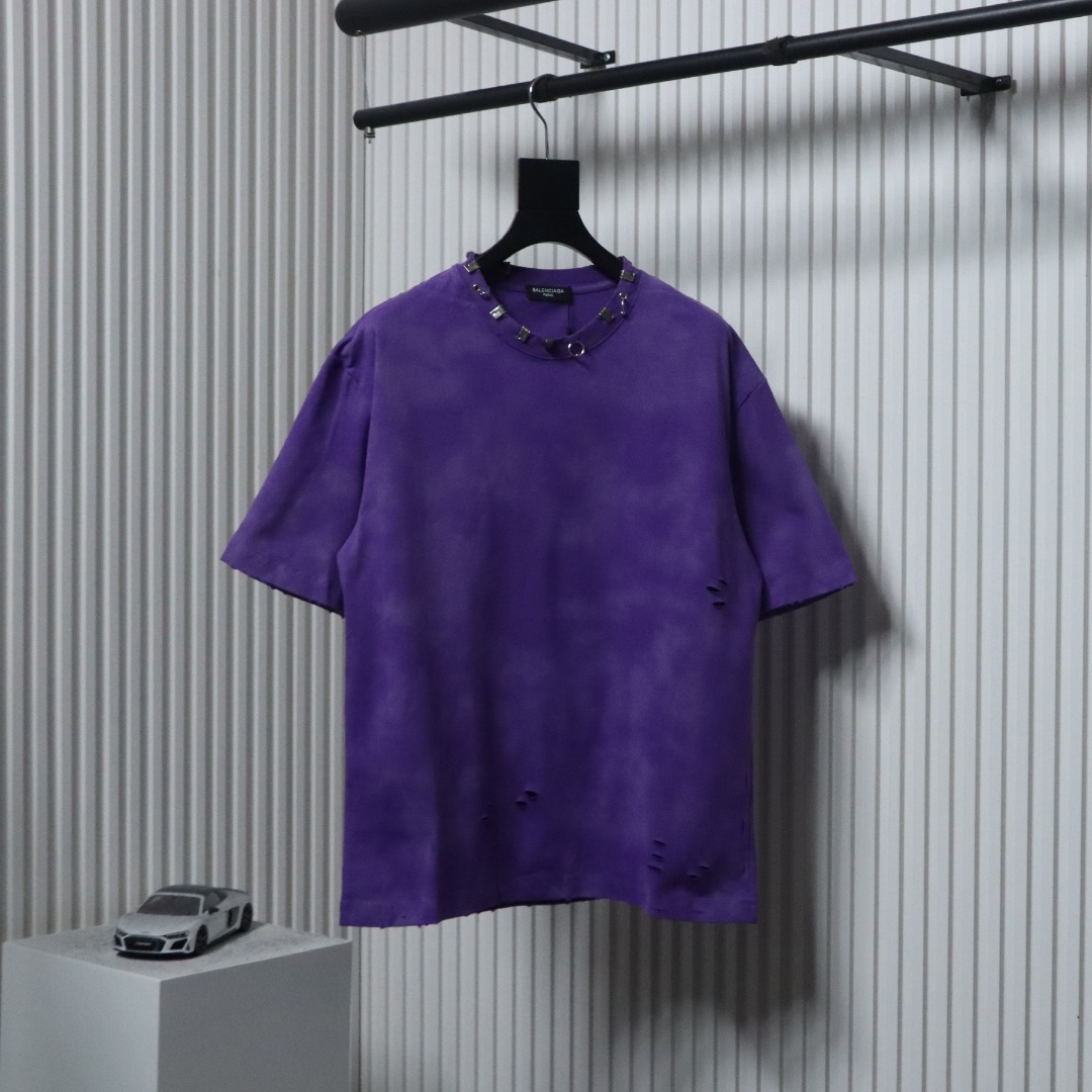 Balenciaga 23ss Rivet Puncture Washed Hole T-shirt Purple