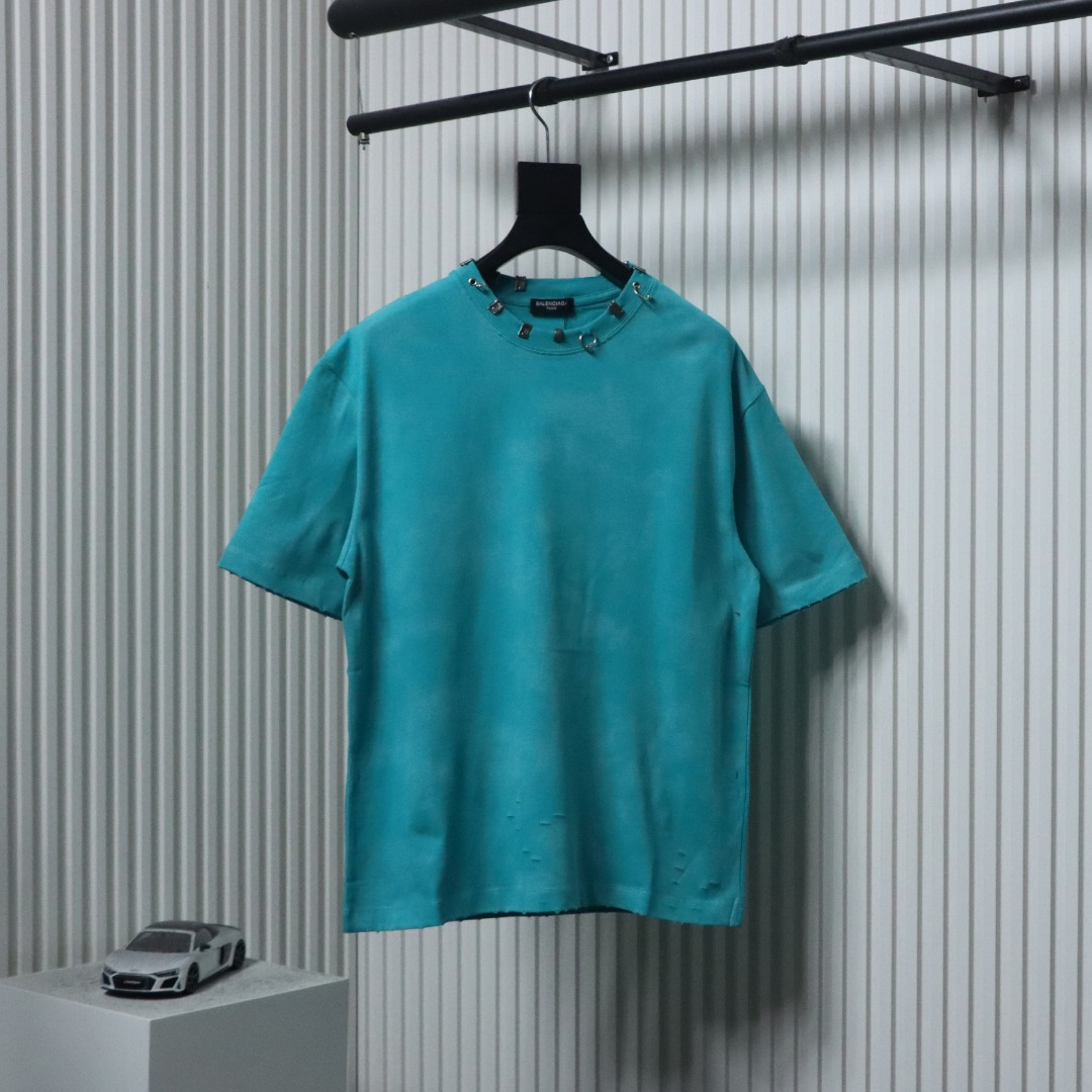 Balenciaga 23ss Rivet Puncture Washed Hole T-shirt Lake green