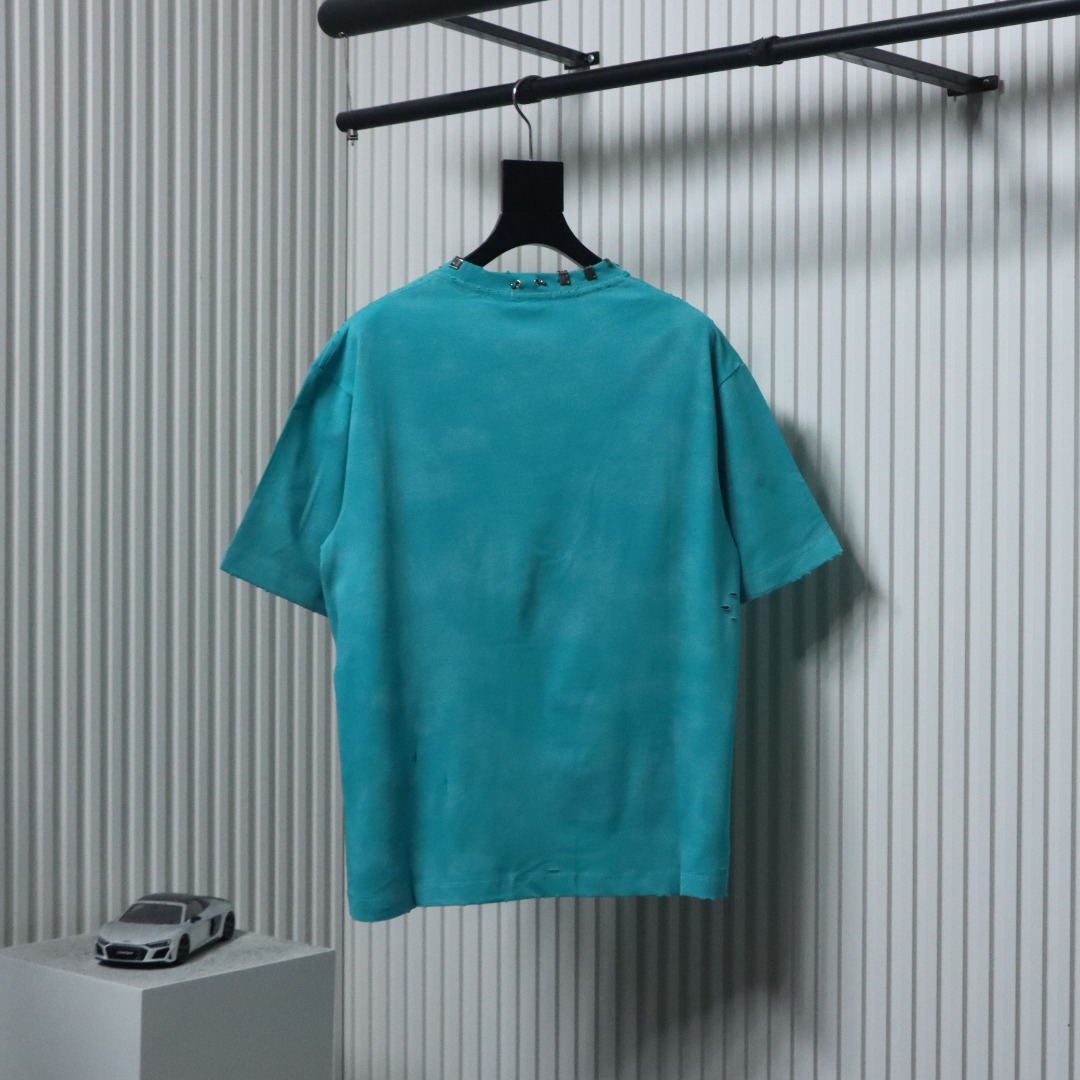 Balenciaga 23ss Rivet Puncture Washed Hole T-shirt Lake green