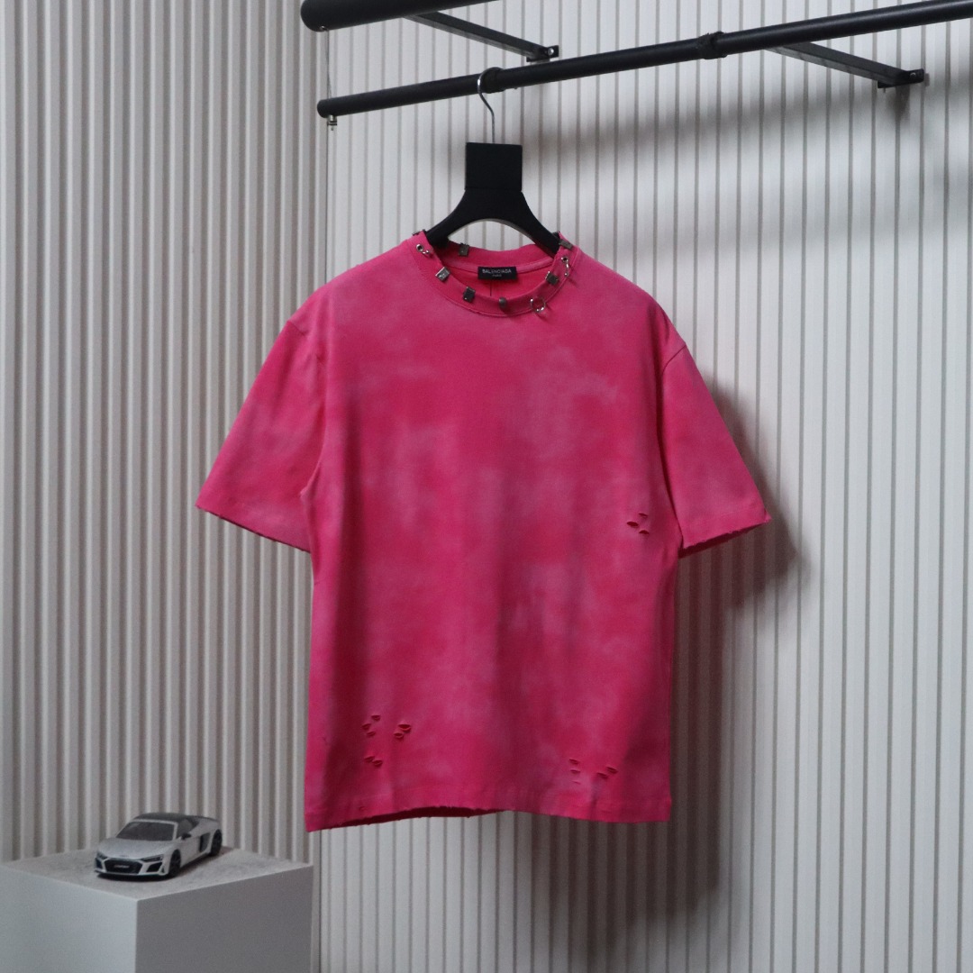 Balenciaga 23ss Rivet Puncture Washed Hole T-shirt Rose red