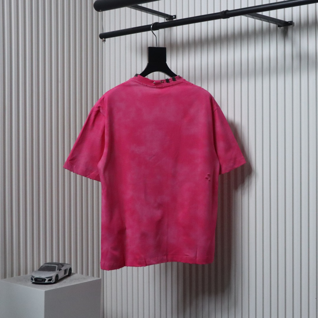 Balenciaga 23ss Rivet Puncture Washed Hole T-shirt Rose red