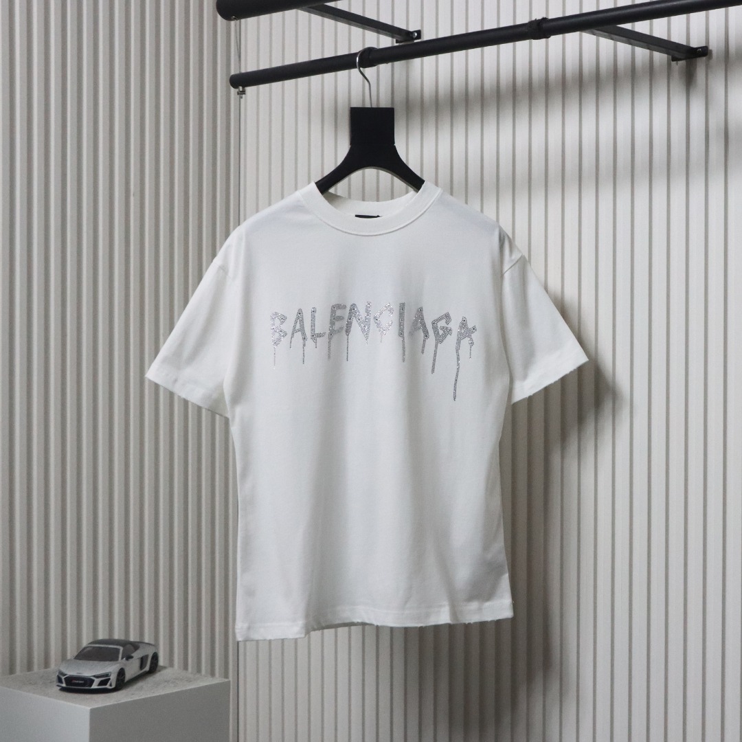 Balenciaga 25ss Dissolved Double B Letters Rhinestone Ripped T-shirt