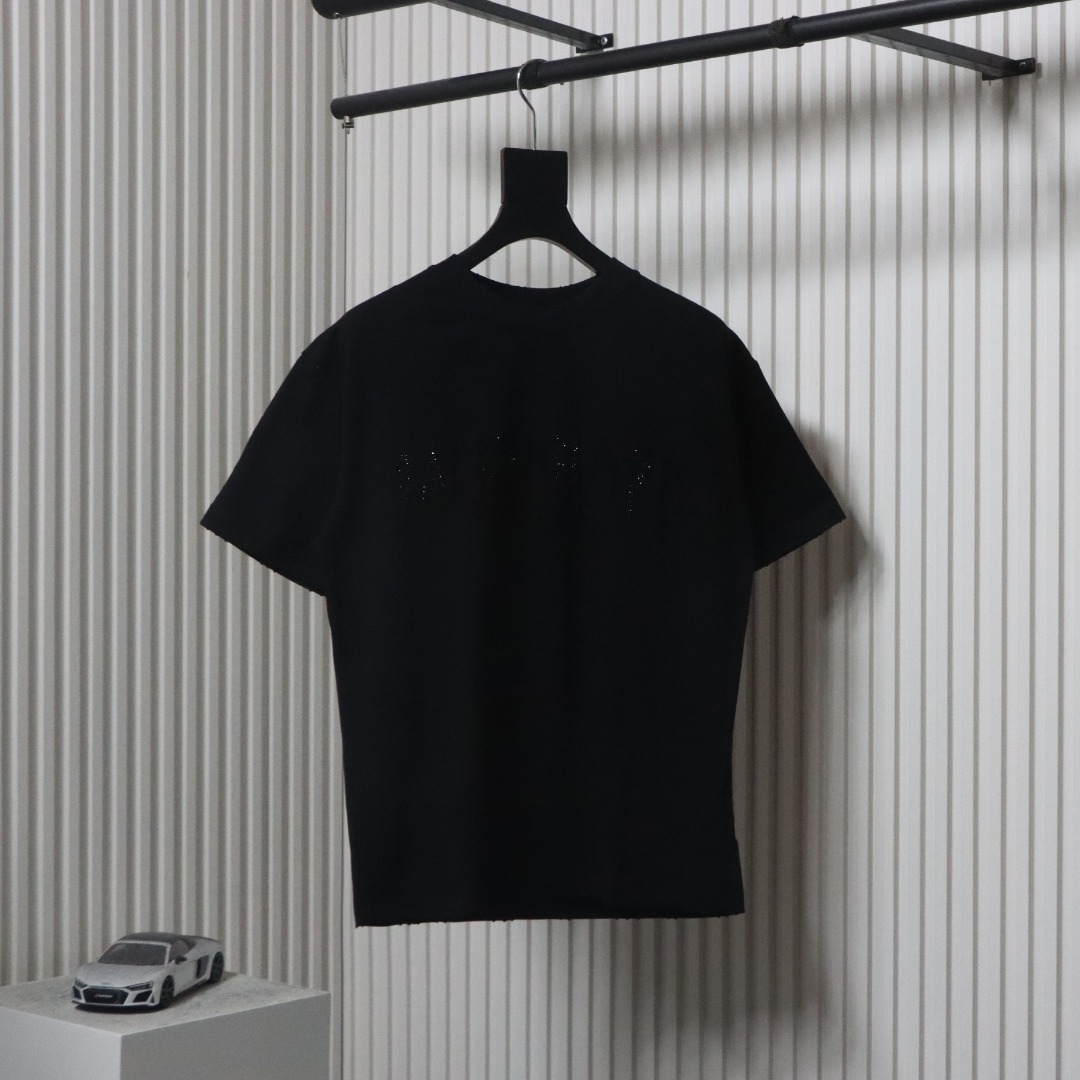 Balenciaga 25ss Dissolved Double B Letters Rhinestone Ripped T-shirt Black