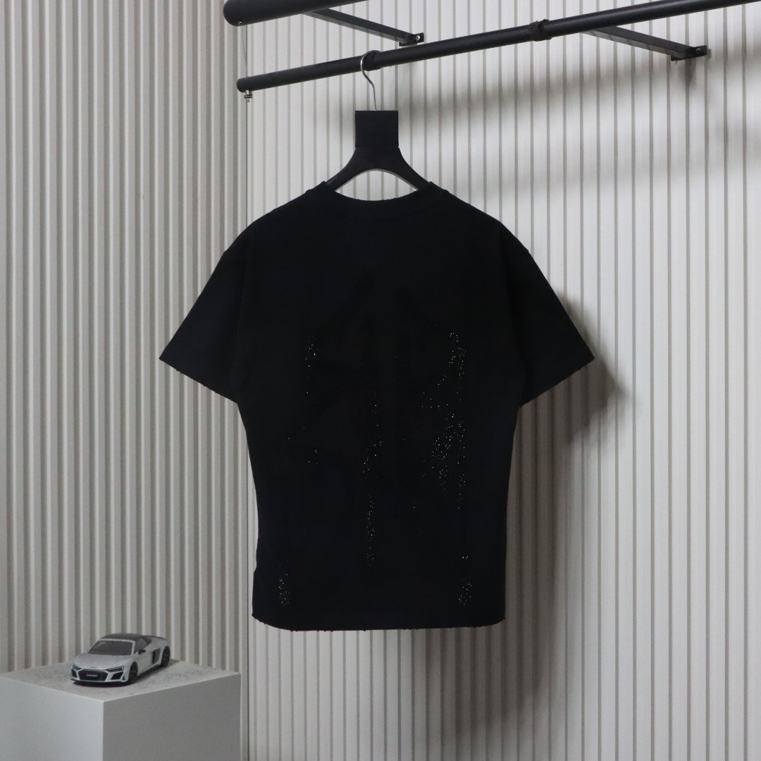 Balenciaga 25ss Dissolved Double B Letters Rhinestone Ripped T-shirt Black