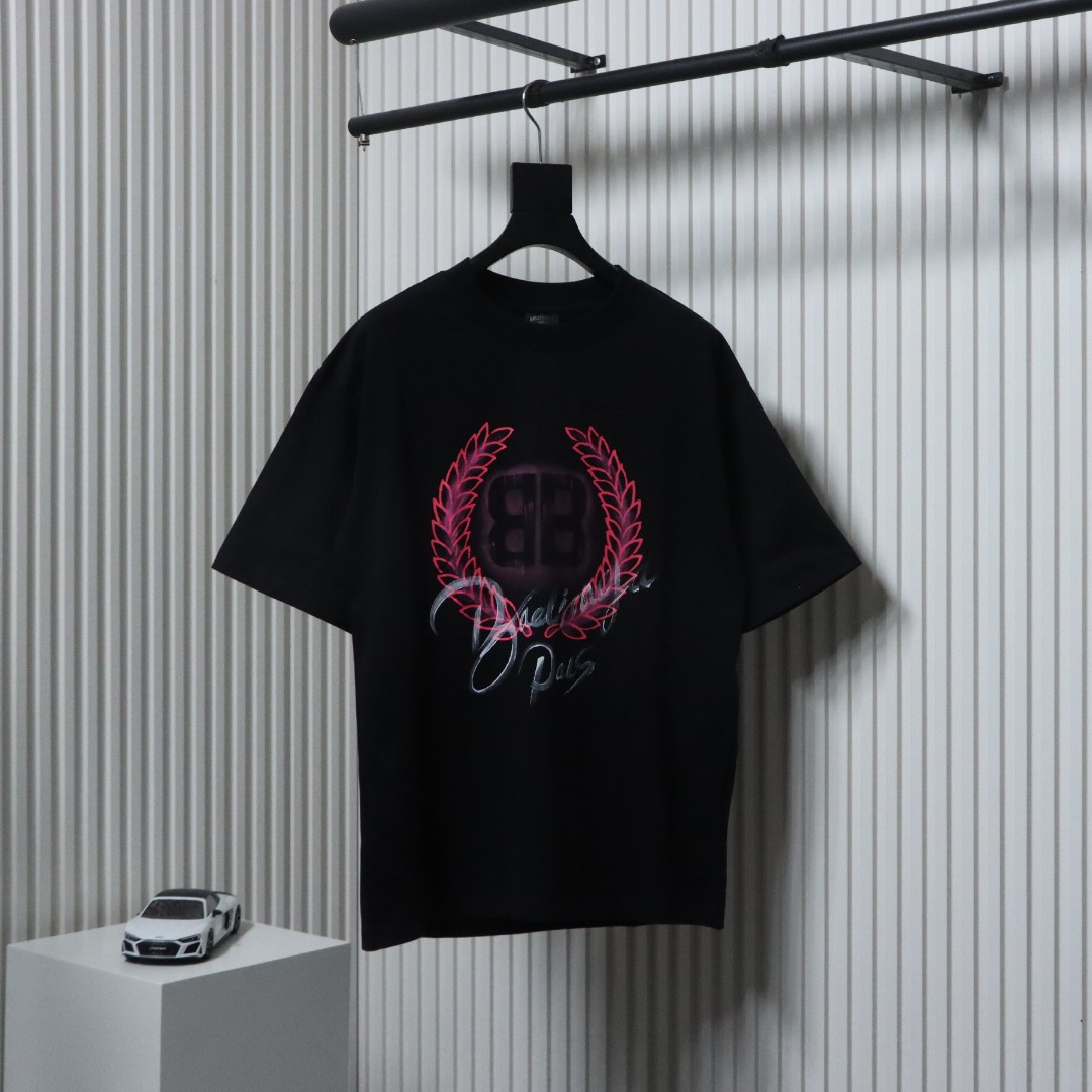 Balenciaga Hand-painted Wheat Ear Round Neck T-shirt Black