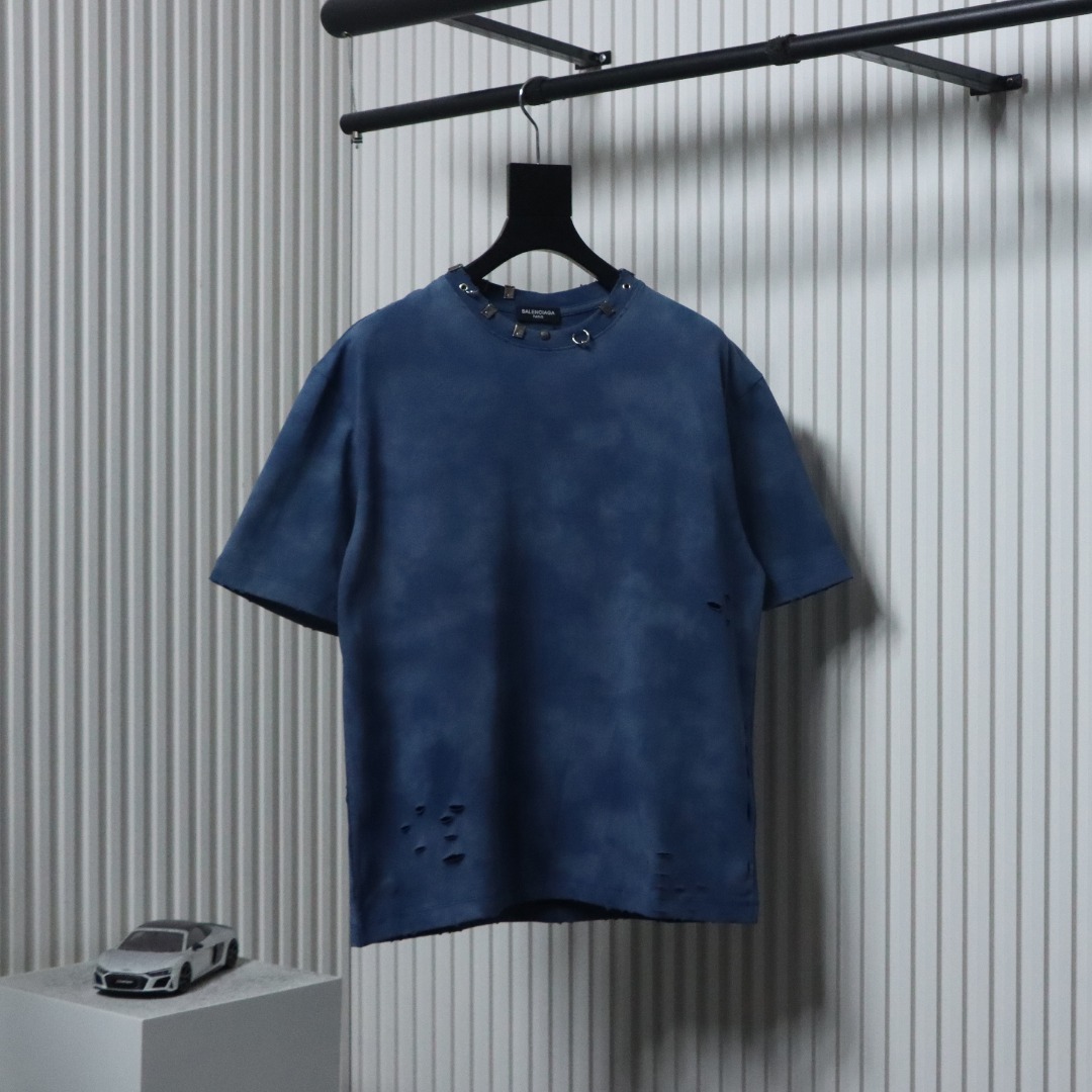 Balenciaga 23ss Rivet Puncture Washed Hole T-shirt Blue