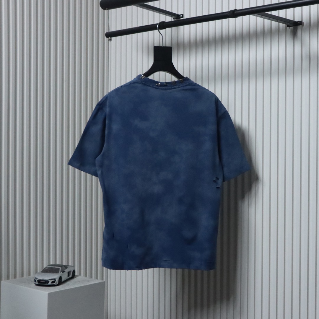 Balenciaga 23ss Rivet Puncture Washed Hole T-shirt Blue