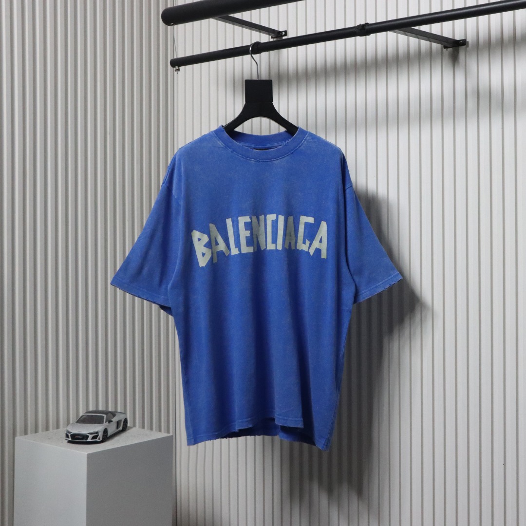 Balenciaga 25ss Washed Cola Embroidery Fried Color Holes T-shirt Blue