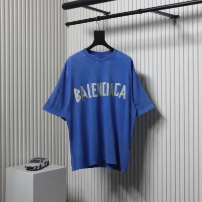 Balenciaga 25ss Washed Cola Embroidery Fried Color Holes T-shirt Blue 01