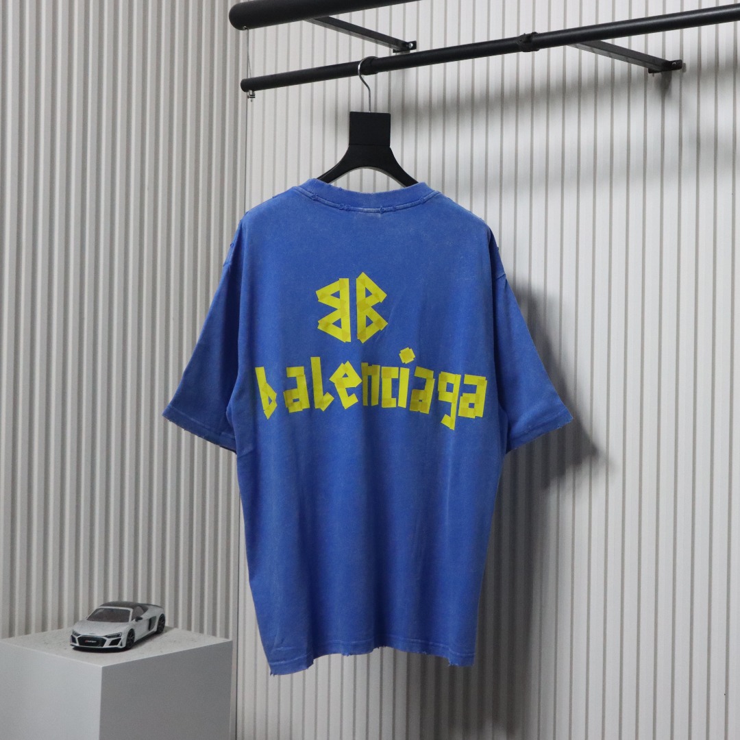 Balenciaga 25ss Washed Cola Embroidery Fried Color Holes T-shirt Blue