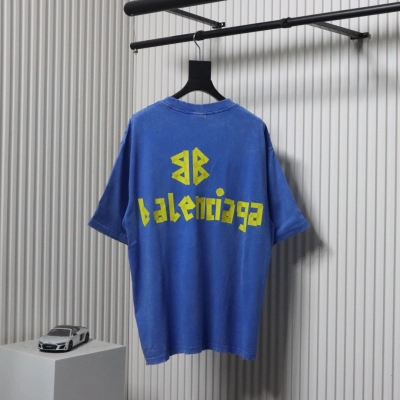 Balenciaga 25ss Washed Cola Embroidery Fried Color Holes T-shirt Blue 02