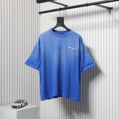 Balenciaga 25ss Washed Cola Embroidery Fried Color Holes T-shirt Blue 01