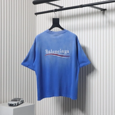 Balenciaga 25ss Washed Cola Embroidery Fried Color Holes T-shirt Blue 02