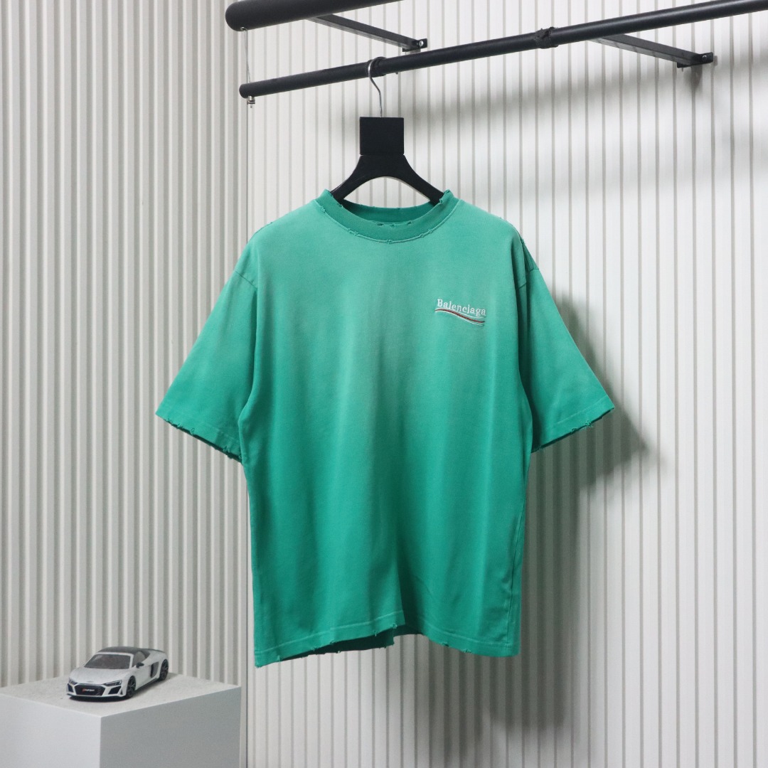 Balenciaga 25ss Washed Cola Embroidery Fried Color Holes T-shirt Lake Green
