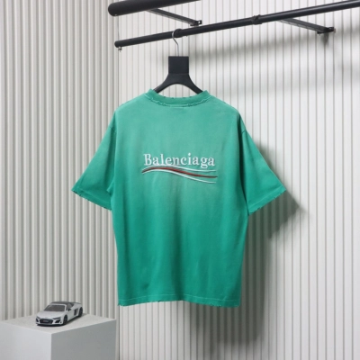 Balenciaga 25ss Washed Cola Embroidery Fried Color Holes T-shirt Lake Green 02
