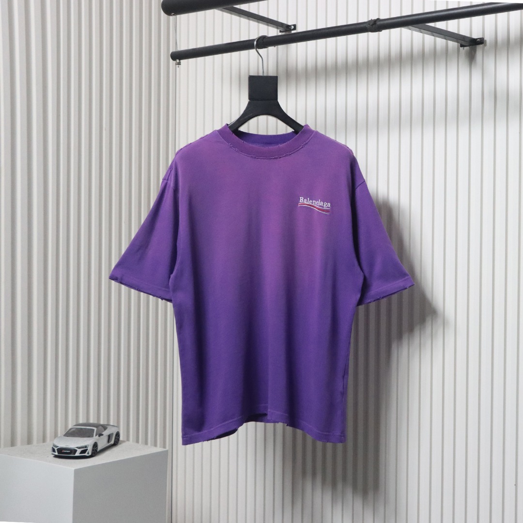 Balenciaga 25ss Washed Cola Embroidery Fried Color Holes T-shirt Purple