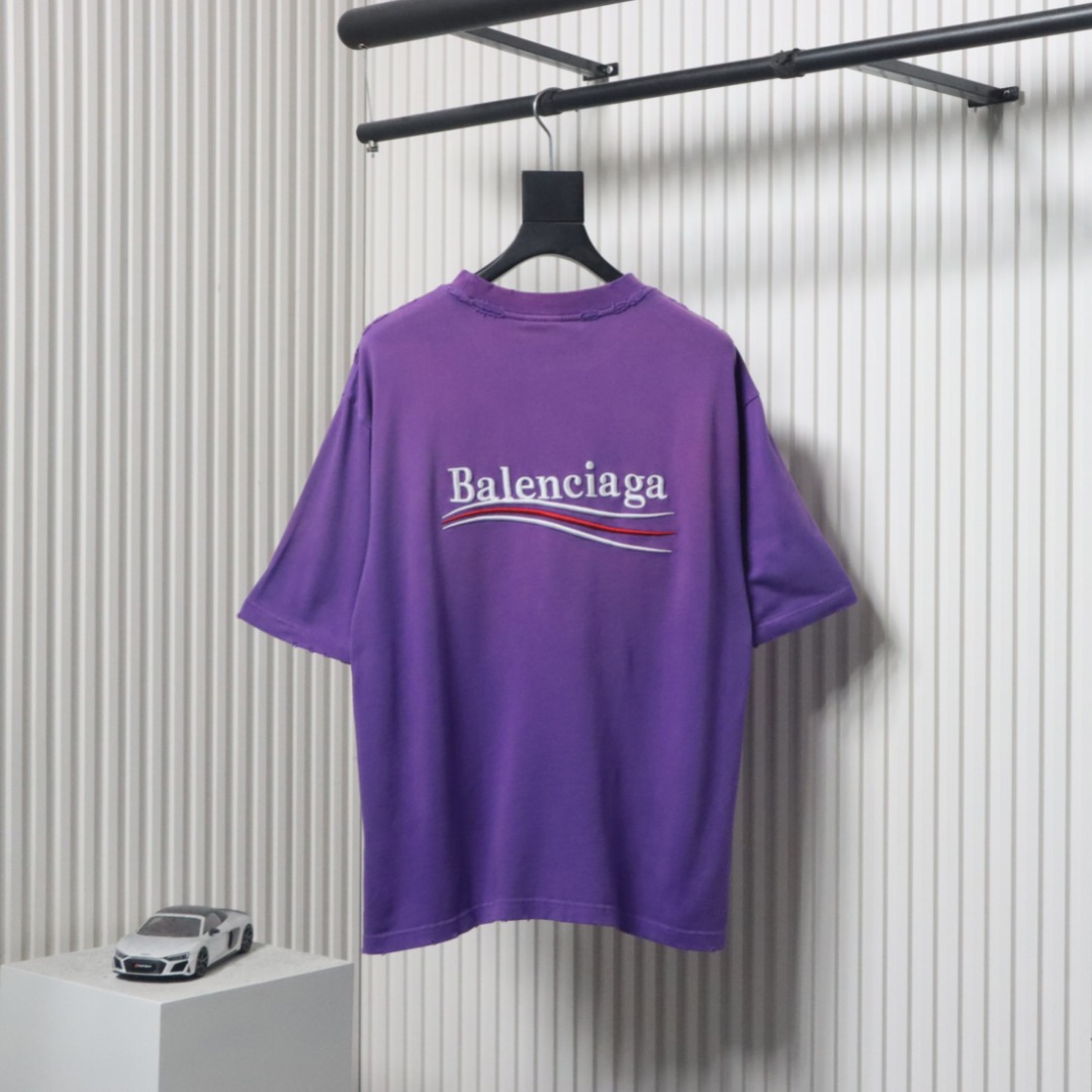 Balenciaga 25ss Washed Cola Embroidery Fried Color Holes T-shirt Purple