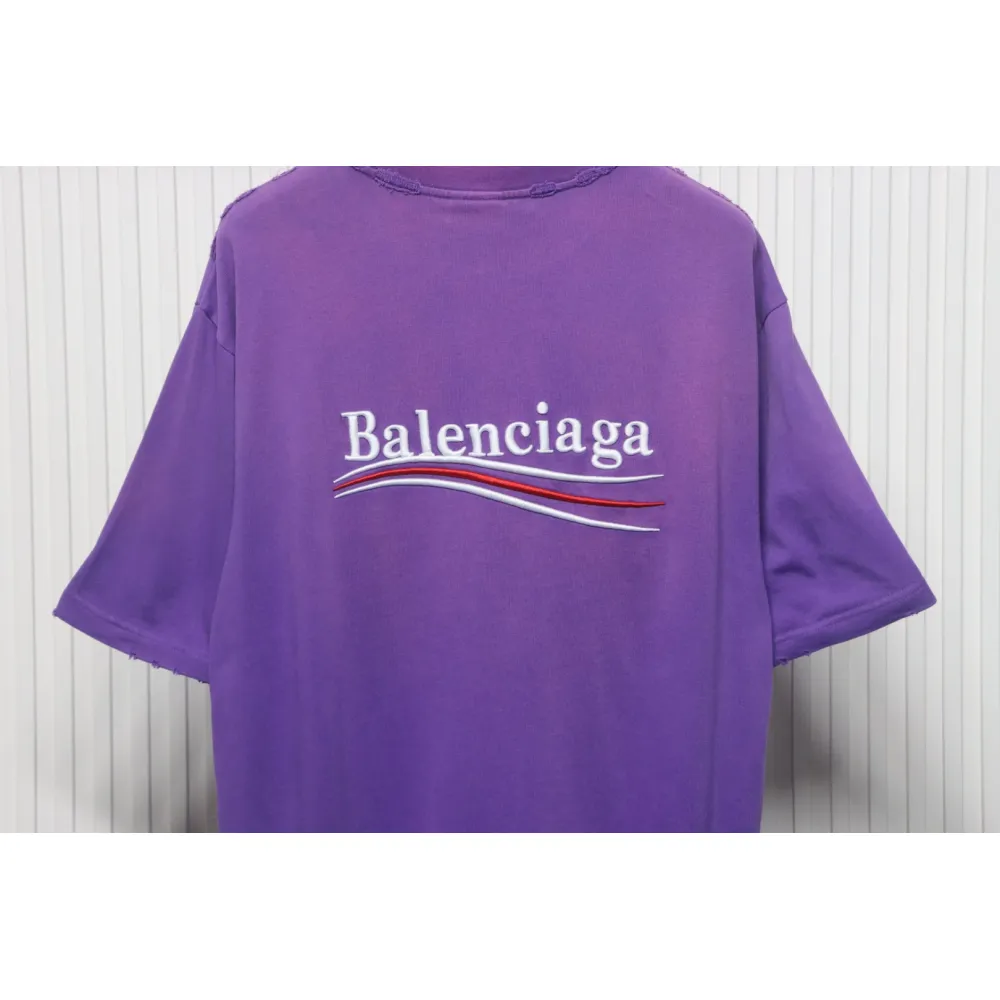 Balenciaga 25ss Washed Cola Embroidery Fried Color Holes T-shirt Purple