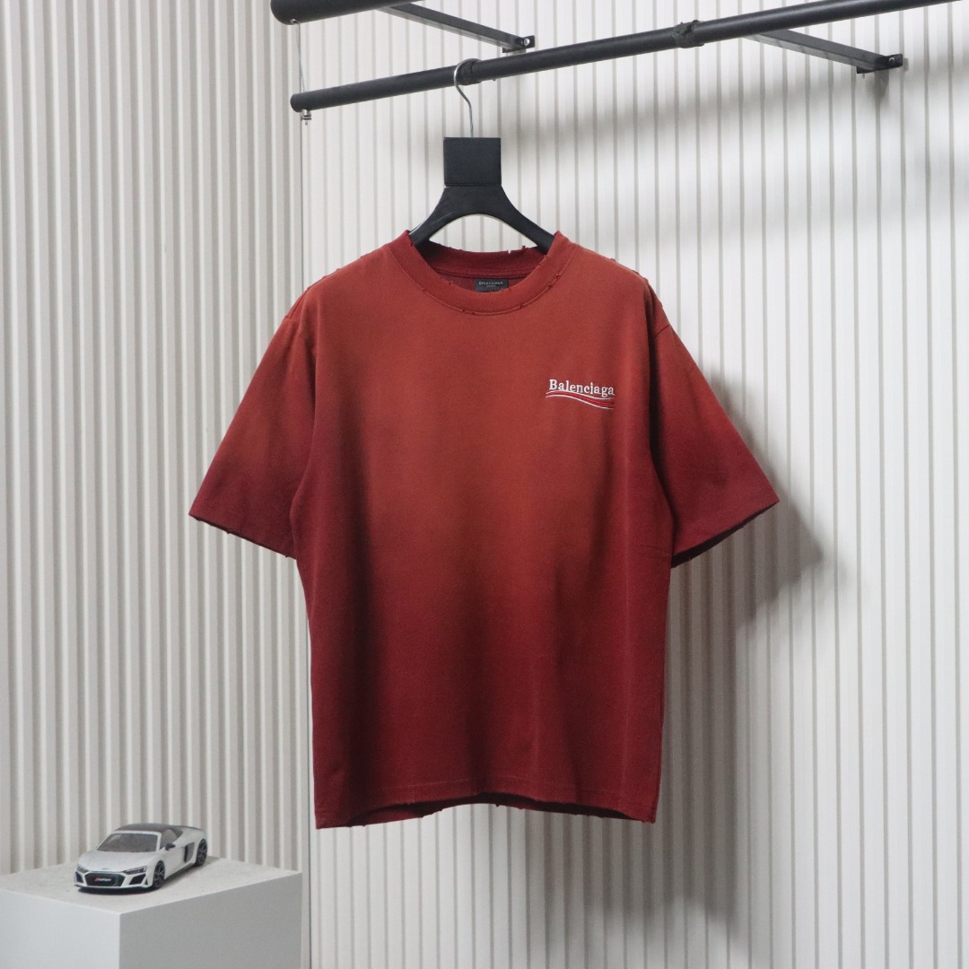 Balenciaga 25ss Washed Cola Embroidery Fried Color Holes T-shirt Red