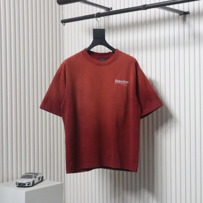 Balenciaga 25ss Washed Cola Embroidery Fried Color Holes T-shirt Red 01