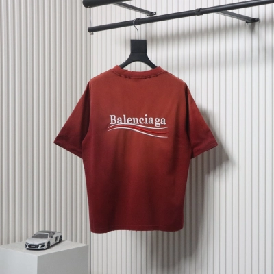 Balenciaga 25ss Washed Cola Embroidery Fried Color Holes T-shirt Red 02
