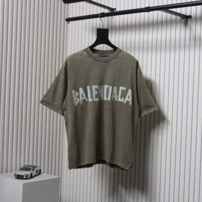 Balenciaga 25ss Washed Masking Tape Color Ripped Holes T-shirt Brown 01